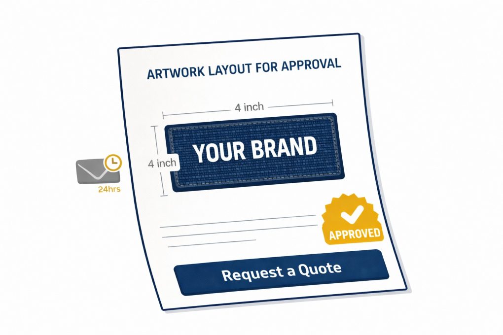 flat design illustration of a furniture label artwork layout for approval document with approval stamp and 24 hour delivery indicator