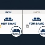 flat design illustration comparing vector and raster logo files for furniture label artwork submission showing sharp vector versus pixelated raster at small size