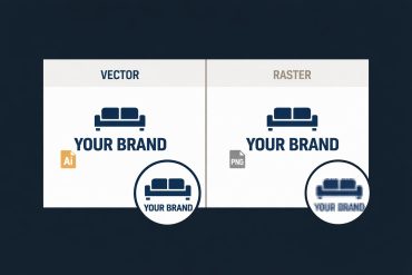 flat design illustration comparing vector and raster logo files for furniture label artwork submission showing sharp vector versus pixelated raster at small size