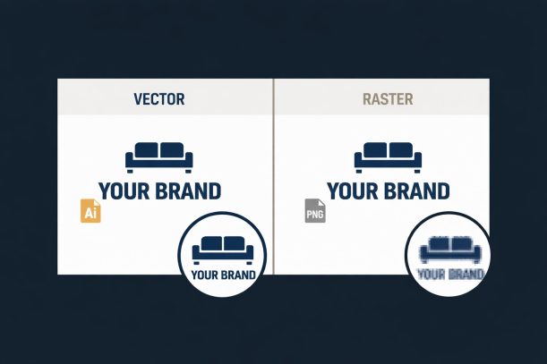 flat design illustration comparing vector and raster logo files for furniture label artwork submission showing sharp vector versus pixelated raster at small size