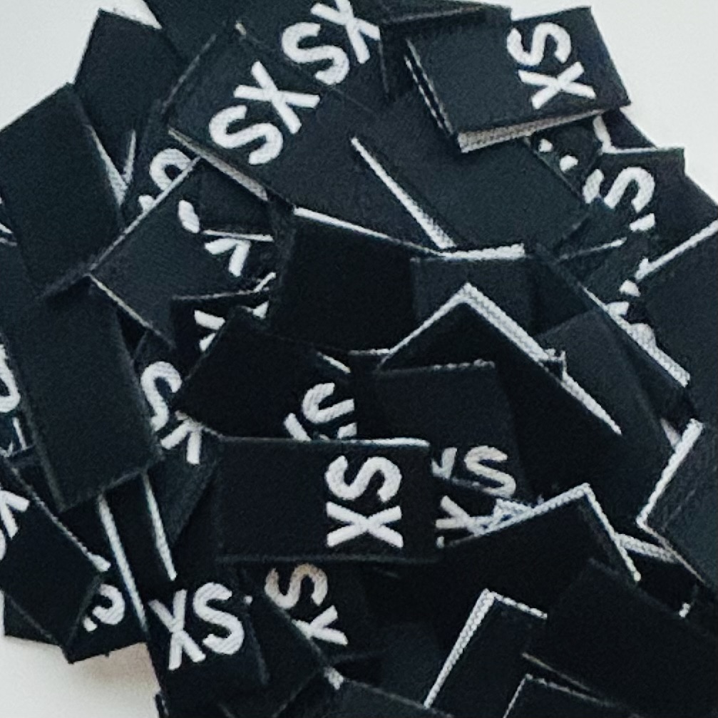 Woven Size Labels XS, S, M, L, XL, 1X, 2X, 3X – White on Black