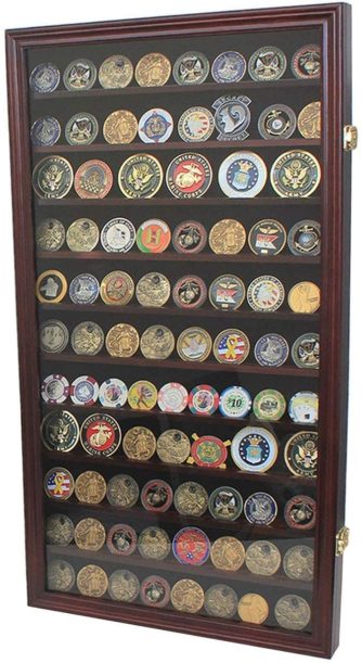 Military Challenge Coin Display Case Wall Cabinet Mahogany Finish - 80 coins