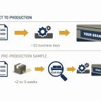 flat design illustration showing two paths for furniture label ordering direct to production versus pre-production sample with timeline comparison