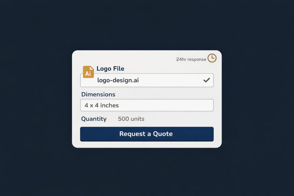 flat design illustration of a quote request form with logo file upload dimensions and quantity fields for ordering custom furniture labels
