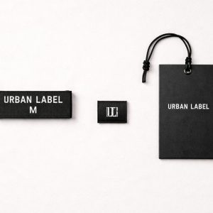 Flat lay of clothing branding kit with woven label, hem tag, and custom hang tag