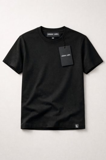 T-shirt mockup showing custom woven neck label, hem tag, and hang tag bundle for clothing brands