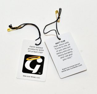 clothing hang tag with rounded corners and string