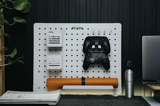 Minimalist workspace with a pegboard displaying game controllers and tech accessories.