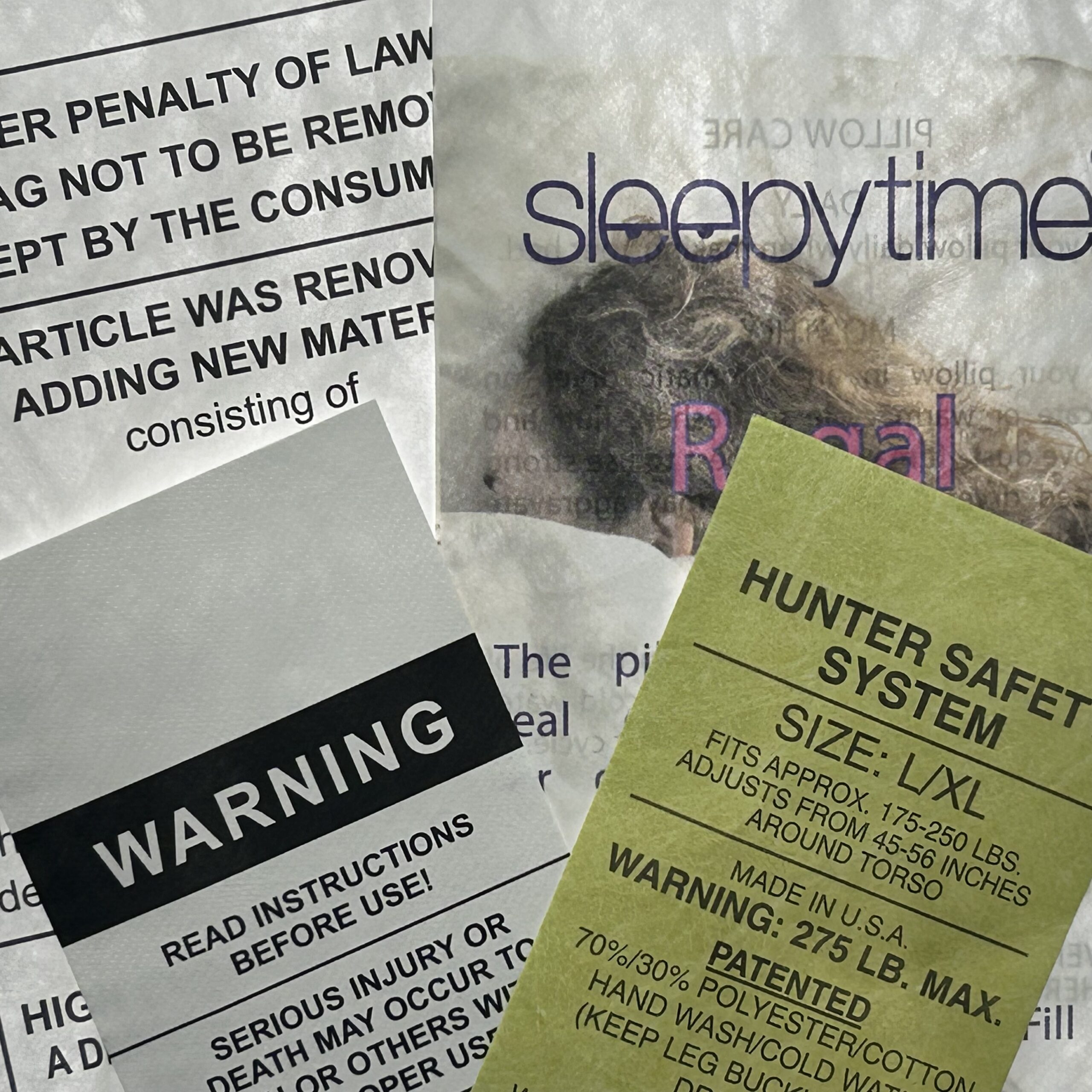 Custom Tyvek clothing and furniture label with warning text