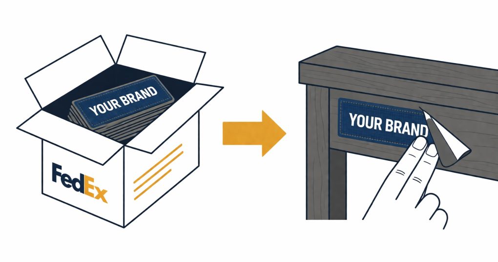 flat design illustration of shipping box with woven furniture labels and peel and stick adhesive label being applied to wooden furniture frame