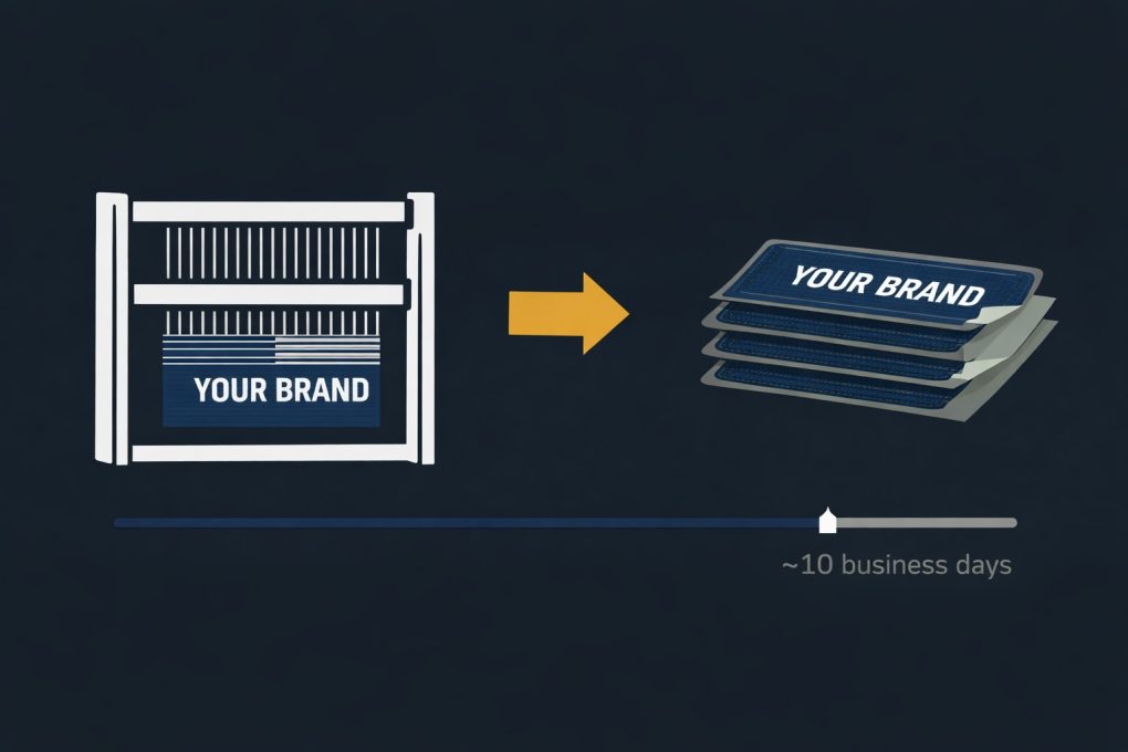 flat design illustration of woven label production loom and finished stack of adhesive backed furniture labels with 10 business day timeline